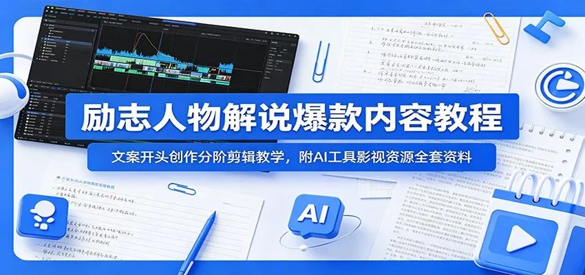 励志人物解说爆款内容教程:文案开头创作分阶剪辑教学,附AI 工具影视资源全套资料_趣客盟
