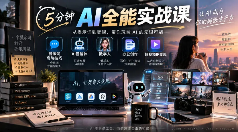 5分钟速成AI全攻略:高级提示词技巧 + AI智能助手 + 数字人打造 + 办公高效创作 + 短视频IP盈利秘诀教程 - 趣客盟