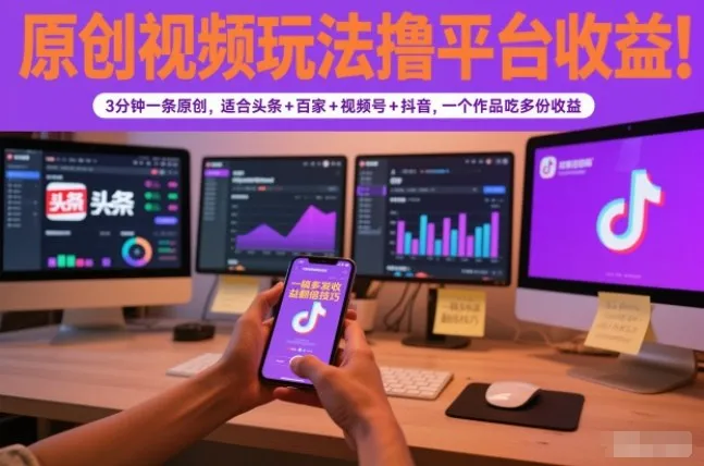 原创视频玩法撸平台收益，3分钟一条原创，适合头条+百家+视频号+抖音，一个作品吃多份收益-趣酷猫资源网