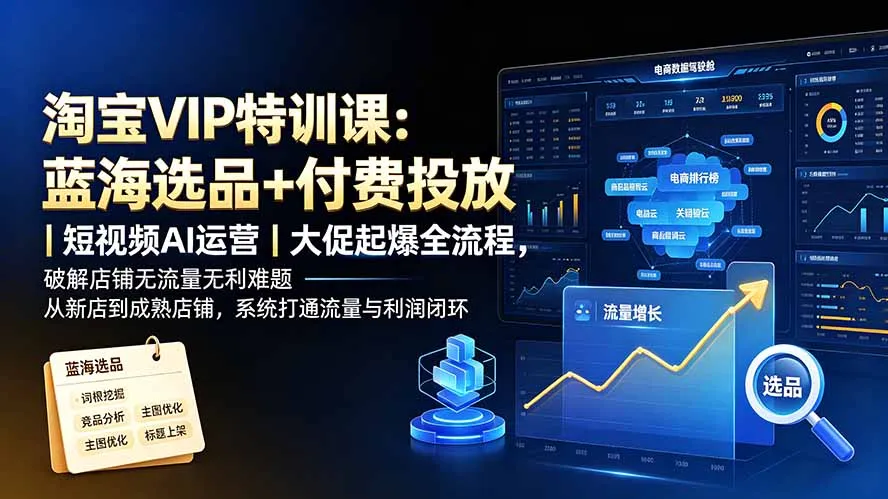 淘宝VIP特训课：蓝海选品+付费投放攻略，短视频AI运营技巧，大促流量利润全解析，破解店铺流量利润困境_趣客盟