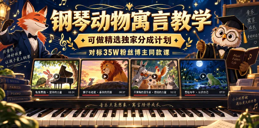 抖音精选赛道:钢琴动物寓言教学课程,独家分成计划,35W粉丝博主同款,9月动漫钢琴短视频制作教程,小白上手,轻松赚收益,动漫钢琴短视频教学秘籍 - 趣客盟