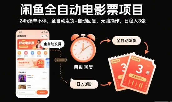 闲鱼全自动电影票项目，24h爆单不停，全自动发货+自动回复，无脑操作，日稳入3张【揭秘】-趣酷猫资源网