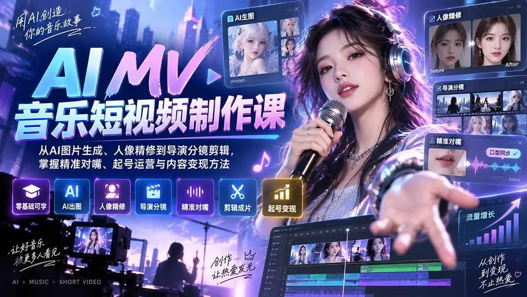AI MV音乐短视频制作攻略：AI图片生成+人像精修+导演分镜剪辑，解锁精准对嘴、起号运营及内容变现技巧 - 趣客盟