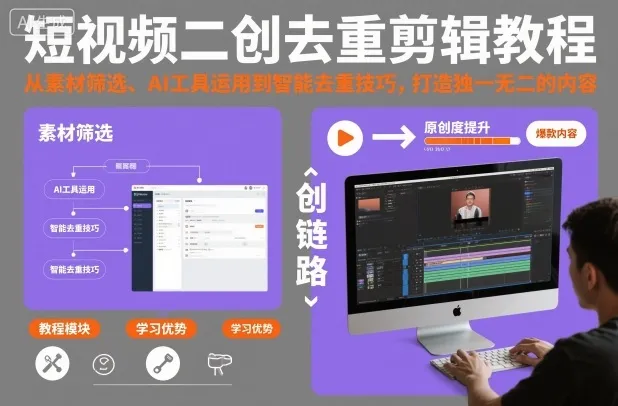 短视频二创去重剪辑教程，从素材筛选、AI工具运用到智能去重技巧，打造独一无二的内容-趣酷猫资源网