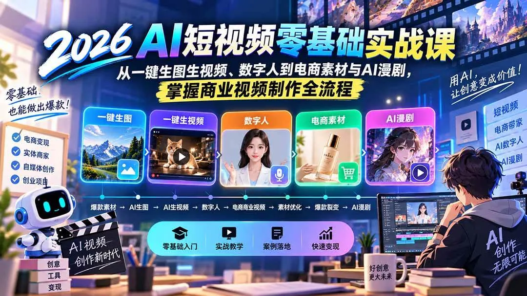 (20263期)2026AI短视频零基础实战课:从一键生图生视频、数字人到电商素材与AI漫剧,掌握商业视频制作全流程 (20263期)2026AI短视频零基础实战课:从一键生图生视频、数字人到电商素材与AI漫剧,掌握商业视频制作全流程