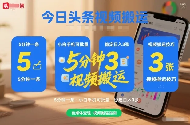 今日头条视频搬运，5分钟一条，小白手机可批量，稳定日入3张-趣酷猫资源网