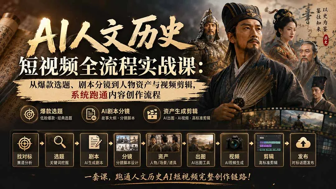 AI赋能历史人文短视频创作全攻略：爆款选题、剧本分镜、人物资产管理与剪辑技巧，一站式掌握内容制作流程 - 趣客盟