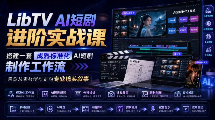 AI短剧制作工作流实战课：从素材创作到专业叙事，LibTV AI短剧进阶教程 - 趣客盟