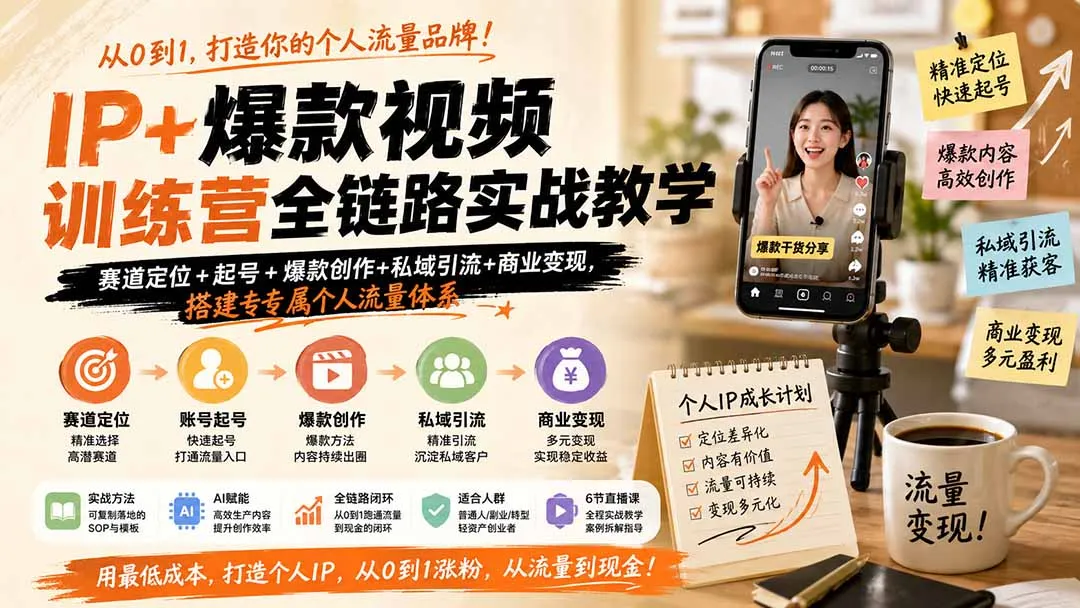 IP赋能爆款视频全链路实战营：赛道定位·快速起号·创意制作·私域运营·盈利变现，构建个人流量闭环系统 - 趣客盟