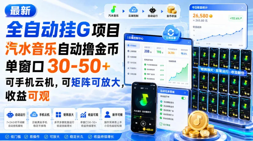 最新全自动挂G项目,汽水音乐自动撸金币单窗口30-50+,可手机云机,可矩阵可放大,收益可观 最新全自动挂G项目,汽水音乐自动撸金币单窗口30-50+,可手机云机,可矩阵可放大,收益可观