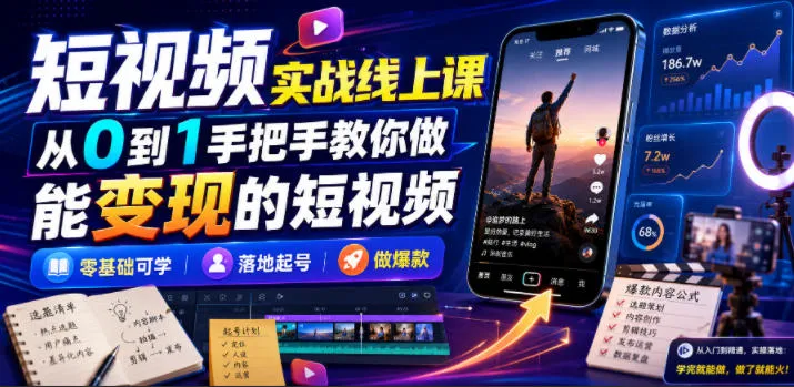 短视频变现实战课：零基础入门，手把手打造爆款短视频，轻松起号赚钱_趣客盟
