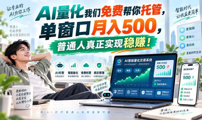 AI量化我们免费帮你托管,单窗口月入500,普通人真正实现稳賺!【揭秘】 AI量化我们免费帮你托管,单窗口月入500,普通人真正实现稳賺!【揭秘】