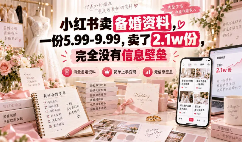 小红书卖备婚资料,一份5.99-9.99,卖了2.1w份,完全没有信息壁垒 小红书卖备婚资料,一份5.99-9.99,卖了2.1w份,完全没有信息壁垒