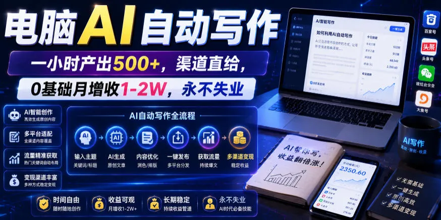电脑AI自动写作，一小时产出500+，渠道直给，0基础月增收1-2W，永不失业【揭秘】_趣客盟