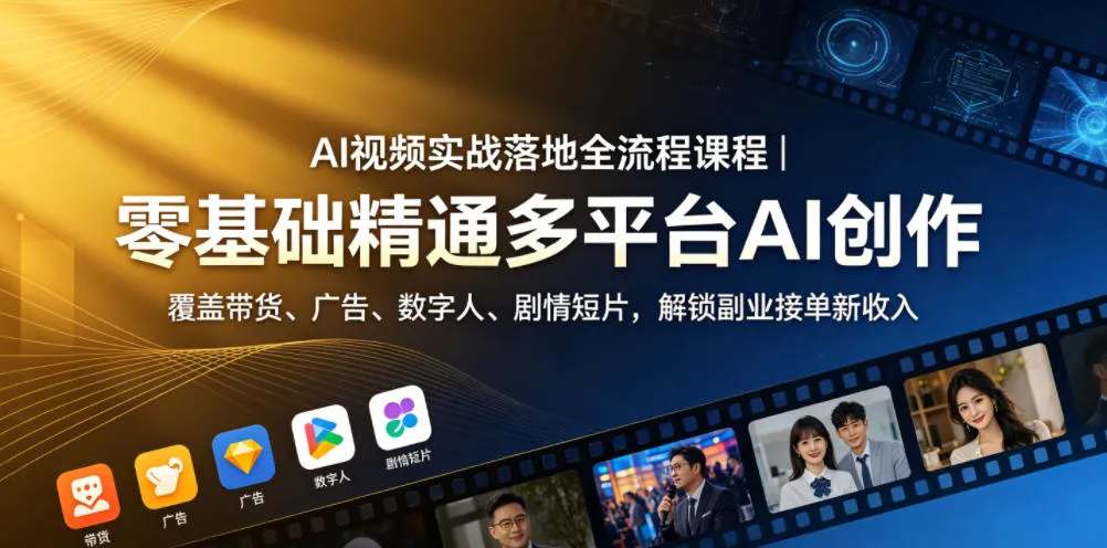 AI视频实战落地全流程课程｜零基础精通多平台AI创作，覆盖带货、广告、数字人、剧情短片，解锁副业接单新收入_趣客盟