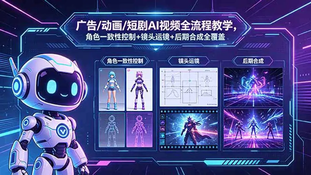 广告/动画/短剧AI视频全流程教学，角色一致性控制+镜头运镜+后期合成全覆盖_趣客盟