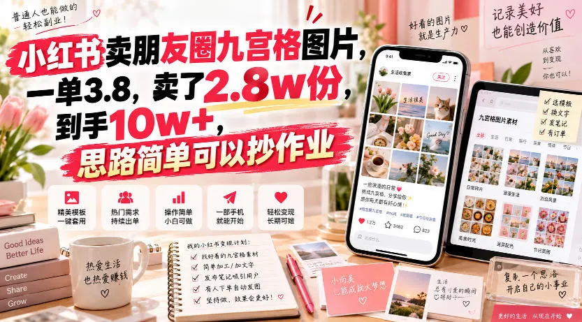 “小红书朋友圈九宫格图片热销2.8万单，单笔3.8元，轻松月入10万+，赚钱思路揭秘！” - 趣客盟