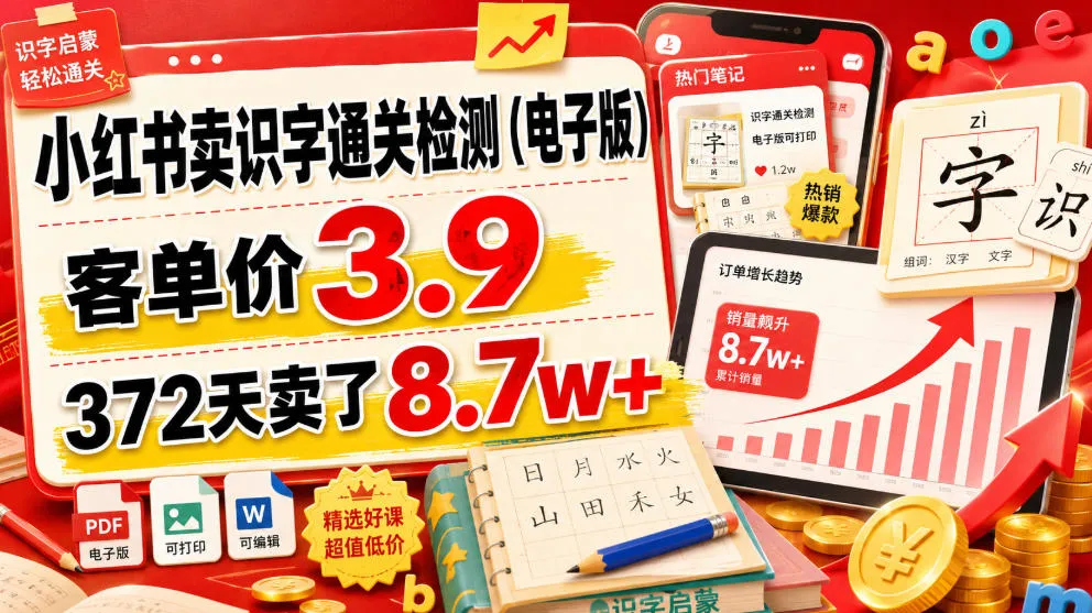 “小红书热销识字通关检测电子版，3.9元/套，372天狂揽8.7万+订单”_趣客盟