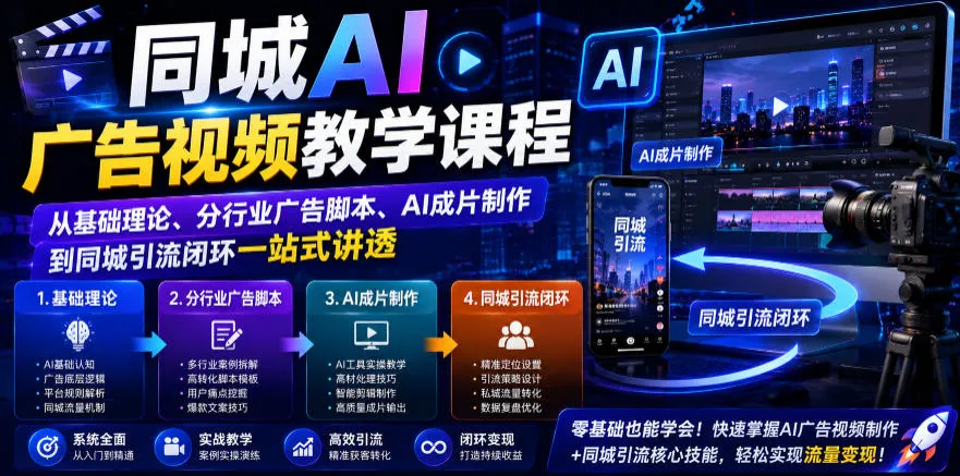 【一站式】同城AI广告视频制作教学:基础理论+行业脚本+AI成片+引流闭环全攻略_趣客盟