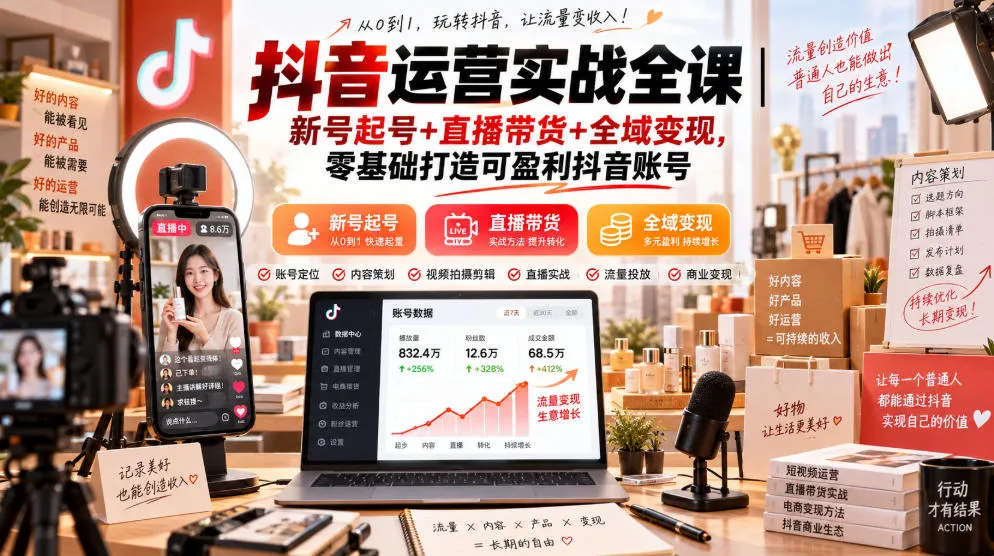 抖音运营实战全课|新号起号+直播带货+全域变现,零基础打造可盈利抖音账号