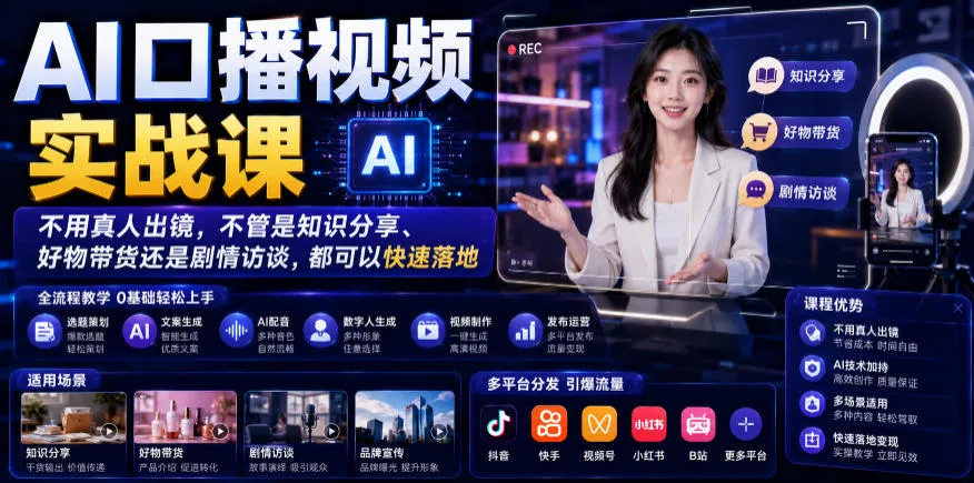 AI口播视频制作实战教程:无需真人出镜,知识分享/带货/访谈一课搞定,快速上手!_趣客盟