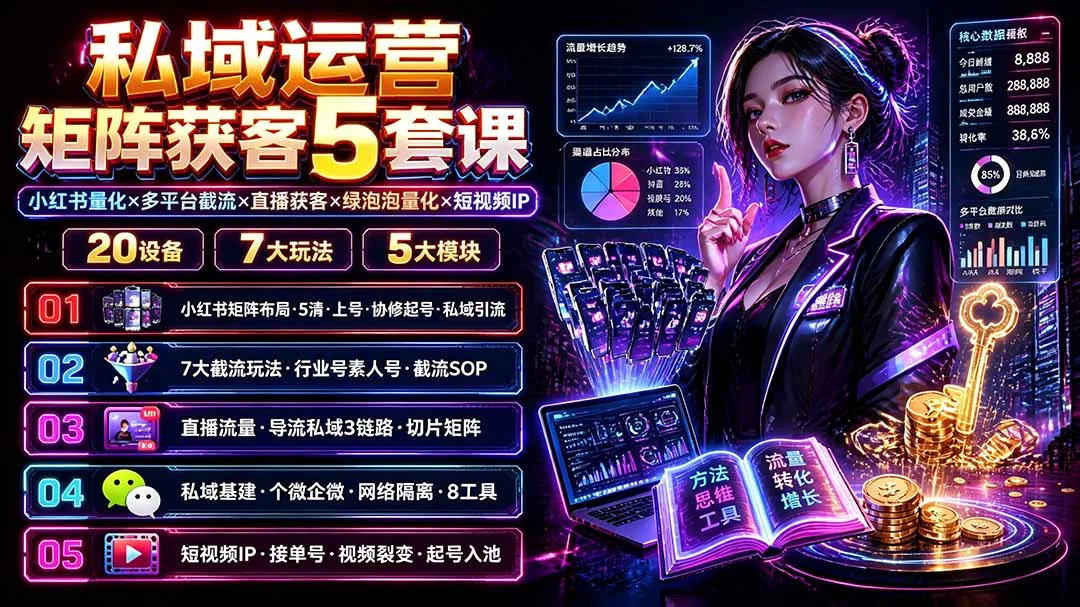 私域流量矩阵5大获客课程：小红书数据运营×多平台流量截取×直播引流×绿泡泡精准量化×短视频IP打造×20设备策略×7种高效玩法_趣客盟