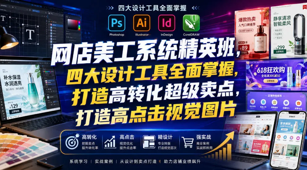 网店美工系统精英班,四大设计工具全面掌握,打造高转化超级卖点,打造高点击视觉图片(2026年7月)_趣客盟