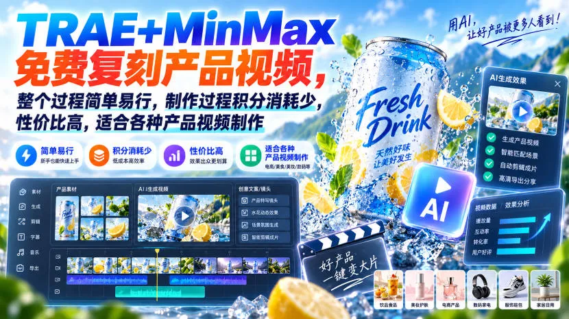 “TRAE+MinMax免费产品视频复刻神器：制作简单高效，积分消耗低，性价比高，一站式视频制作解决方案” - 趣客盟