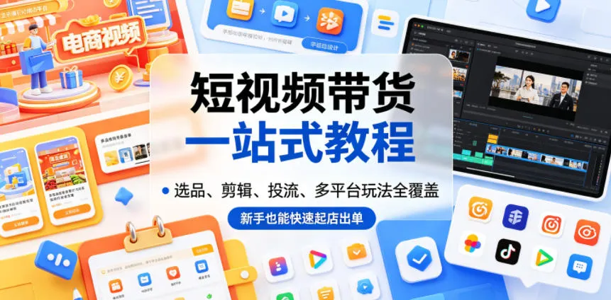 短视频带货一站式教程，选品、剪辑、投流、多平台玩法全覆盖，新手也能快速起店出单_趣客盟