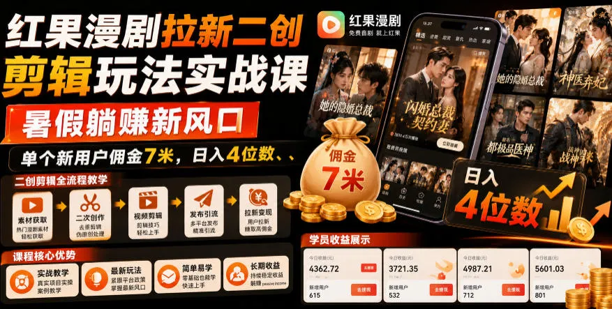 【暑假躺赚新风口】红果漫剧拉新二创剪辑实战课,单用户佣金高达7元,日入轻松破4千_趣客盟