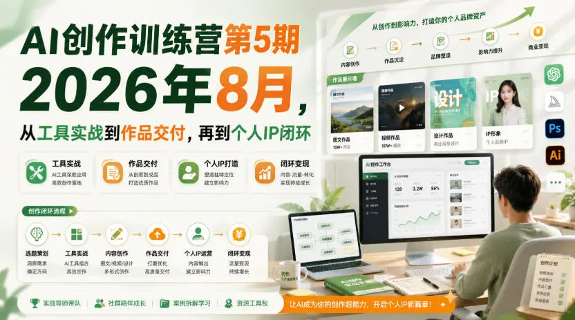 AI创作训练营第5期：2026年8月，实战工具应用至作品呈现，构建个人IP闭环教程（更新至09/10） - 趣客盟