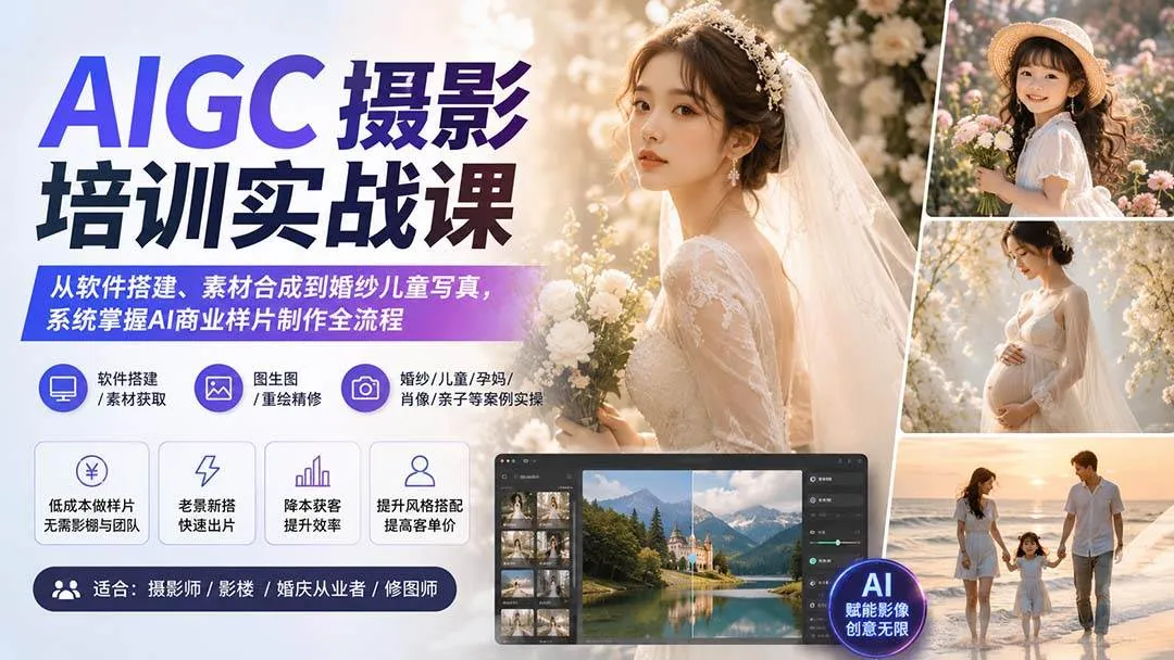 (20161期)AIGC摄影培训实战课:从软件搭建、素材合成到婚纱儿童写真,系统掌握AI商业样片制作全流程 (20161期)AIGC摄影培训实战课:从软件搭建、素材合成到婚纱儿童写真,系统掌握AI商业样片制作全流程