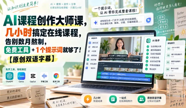 AI课程创作速成大师课:仅需几小时打造在线课程,告别漫长制作,免费工具+关键提示词轻松搞定!【双语字幕】 - 趣客盟