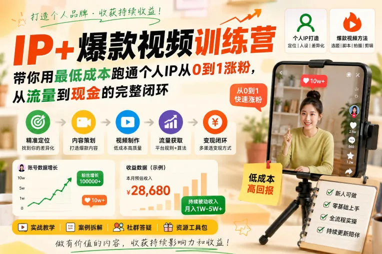 “低门槛IP打造营：零成本起步，爆款视频教你从0增粉至变现，全链路流量转化秘籍” - 趣客盟