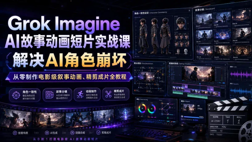 Grok Imagine AI动画实战课:零基础打造电影级AI角色动画,中英字幕全教程,解决崩坏难题_趣客盟