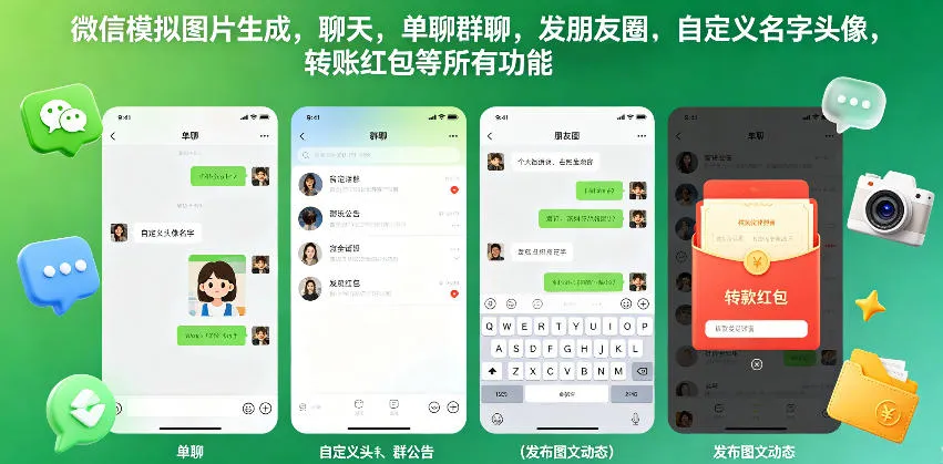 微信模拟图片生成，聊天，单聊群聊，发朋友圈，自定义名字头像，转账红包等所有功能都可以生成_趣客盟