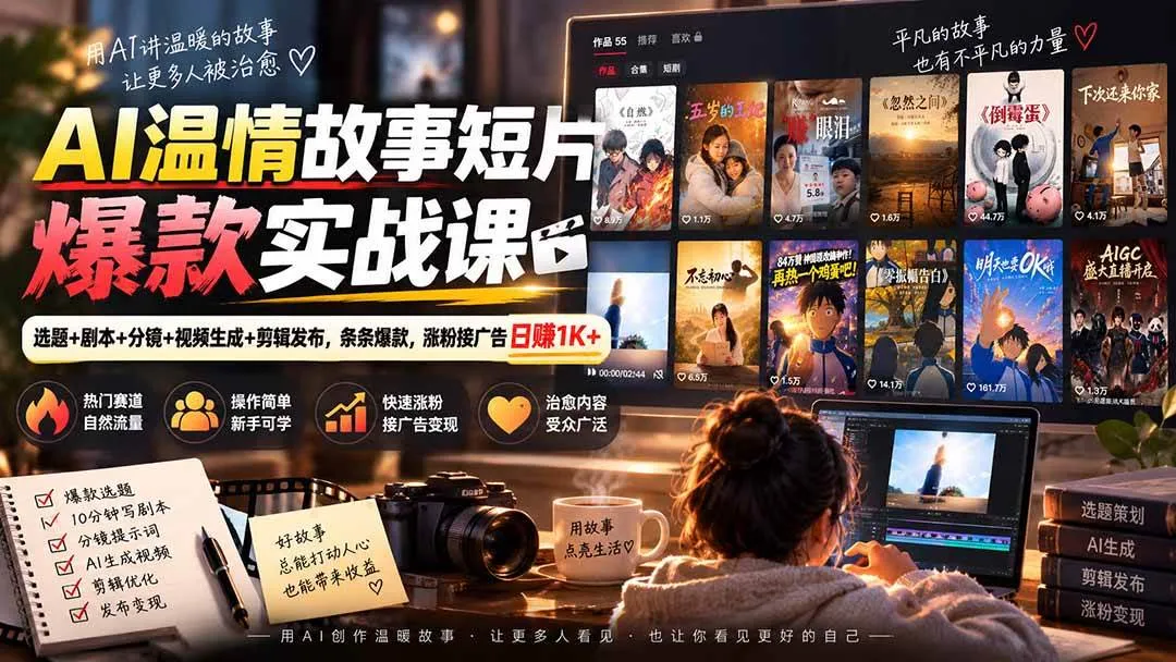 【2024热门】AI温情故事短片爆款制作攻略：选题剧本分镜+视频生成剪辑发布，轻松涨粉广告变现，每日收益1000+ - 趣客盟