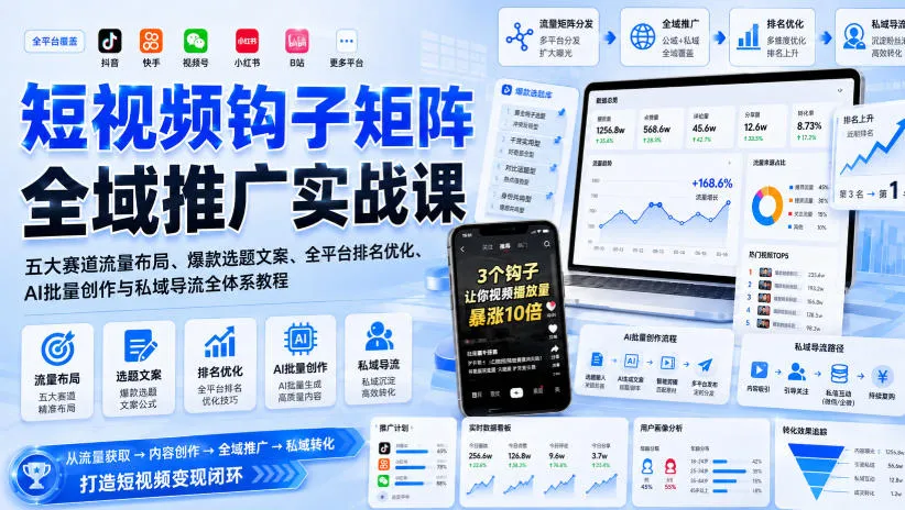 短视频钩子矩阵全域推广实战课|五大赛道流量布局、爆款选题文案、全平台排名优化、AI批量创作与私域导流全体系教程 短视频钩子矩阵全域推广实战课|五大赛道流量布局、爆款选题文案、全平台排名优化、AI批量创作与私域导流全体系教程