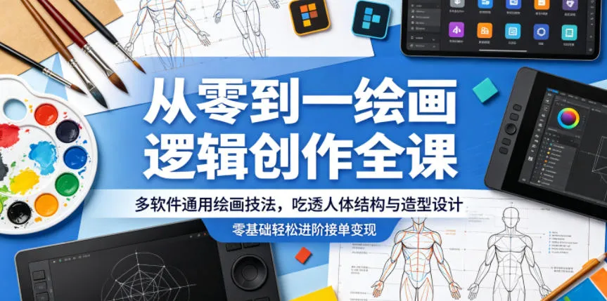 从零到一绘画逻辑创作全课，多软件通用绘画技法，吃透人体结构与造型设计，零基础轻松进阶接单变现_趣客盟