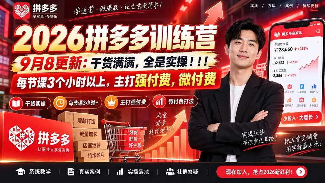 （20338期）2026拼多多训练营9月8更新：干货满满，全是实操！！！每节课3个小时以上，主打强付费，微付费