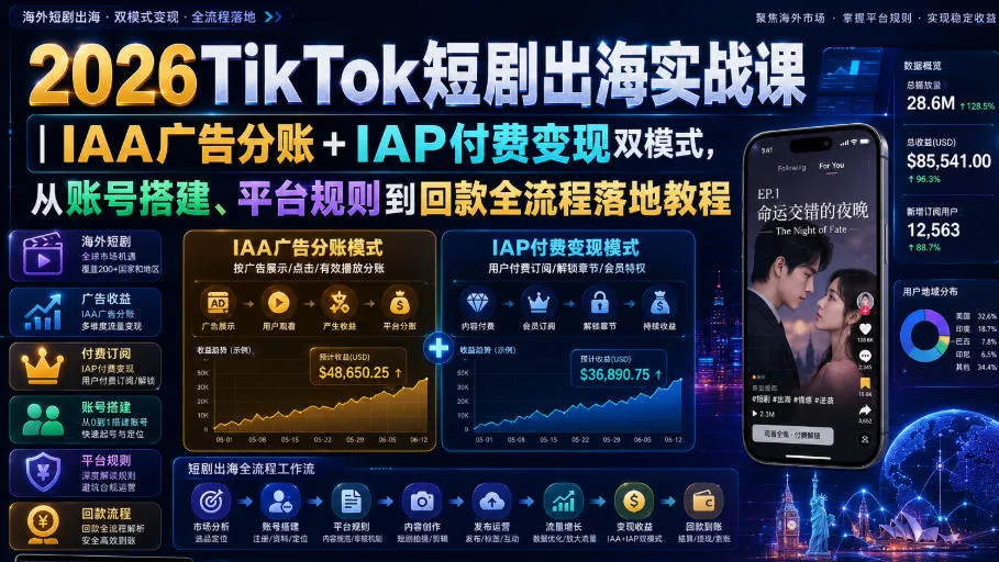 2026TikTok短剧出海攻略：IAA广告+IAP付费双变现，全流程账号搭建、平台规则与回款教程 - 趣客盟