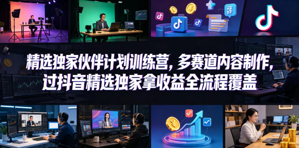 小豁食堂精选独家伙伴计划训练营，多赛道内容制作，过抖音精选独家拿收益全流程覆盖_趣客盟
