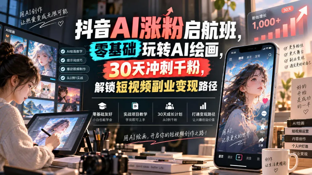 抖音AI绘画涨粉加速营：零基础学AI绘，30天挑战千粉，揭秘短视频副业变现攻略 - 趣客盟