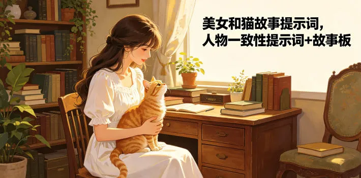 美女和猫故事提示词，人物一致性提示词+故事板_趣客盟