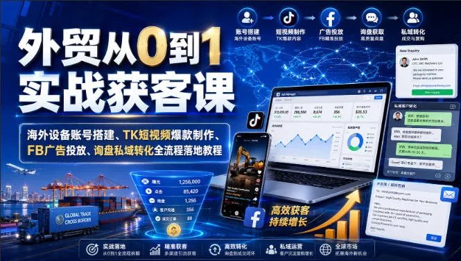 外贸实战获客秘籍:从0搭建海外设备账号,TK短视频爆款打造,FB精准广告投放,询盘私域转化全攻略教程 - 趣客盟