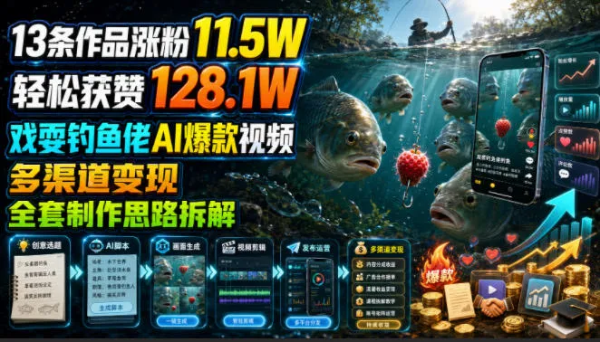 《爆款AI钓鱼佬视频揭秘：13作品狂揽11.5万粉丝，轻松破128.1万点赞，多平台变现全攻略》_趣客盟