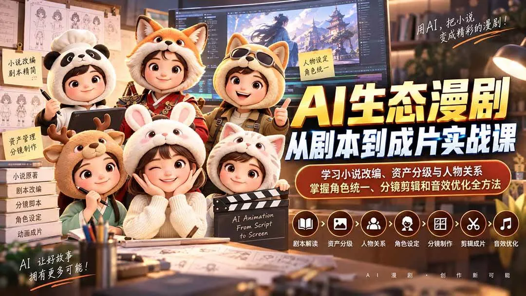 AI生态漫剧制作实战课：剧本改编、资产分级、人物关系解析，全流程掌握角色统一、分镜剪辑与音效优化技巧 - 趣客盟