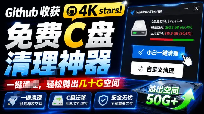 免费C盘清理神器,4K Stars好评!Windows Cleaner轻松迁移C盘,助你释放空间达几十G_趣客盟