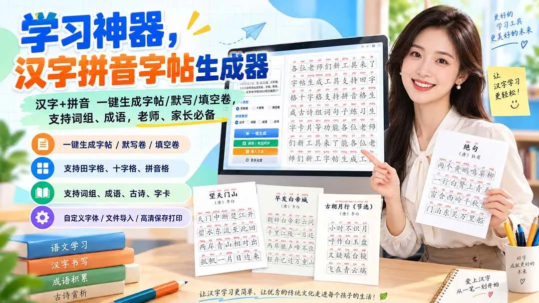 【20299期】汉字拼音字帖一键生成器:拼音+汉字默写填空,词组成语全面支持,教师家长必备学习神器 - 趣客盟