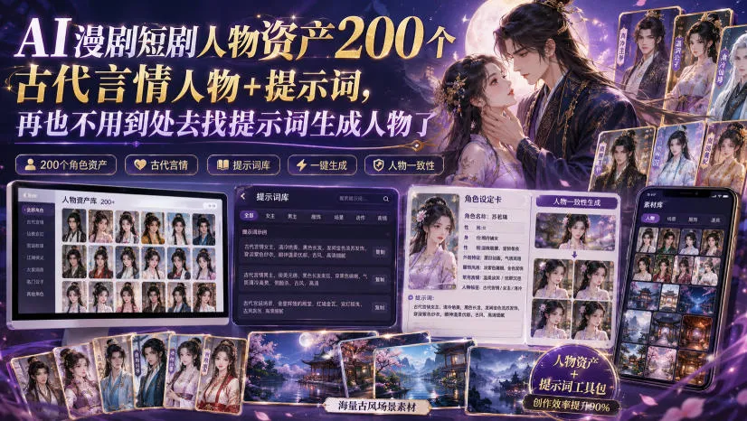 AI辅助创作，200个古代言情人物资产+全攻略提示词，告别人物提示词搜索烦恼！_趣客盟